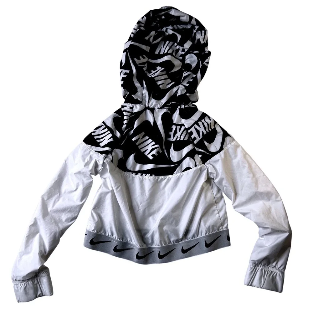 Nike Windbreaker White Black Logo Print Cropped Hooded Jacket Kids Size S‎